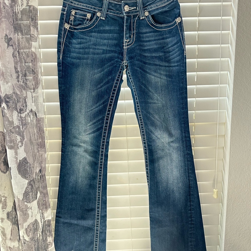 Miss Me Dark Blue Flare Jeans with Contrast Stitching